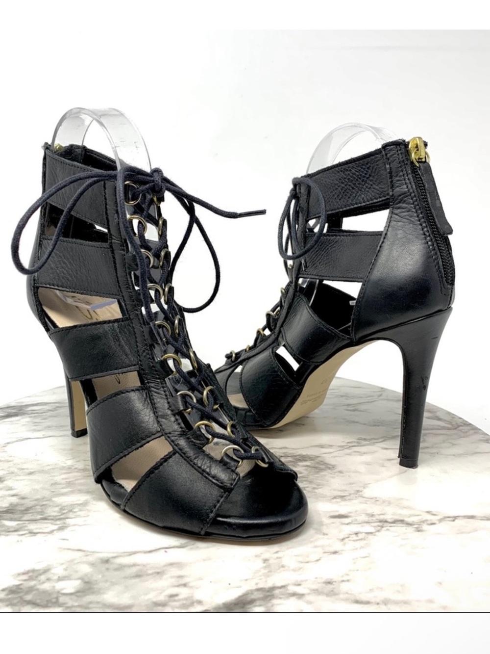 Sante Gladiator Lace Up Black Leather Pumps 37 Edgy Alt Goth Avant Garde Moto